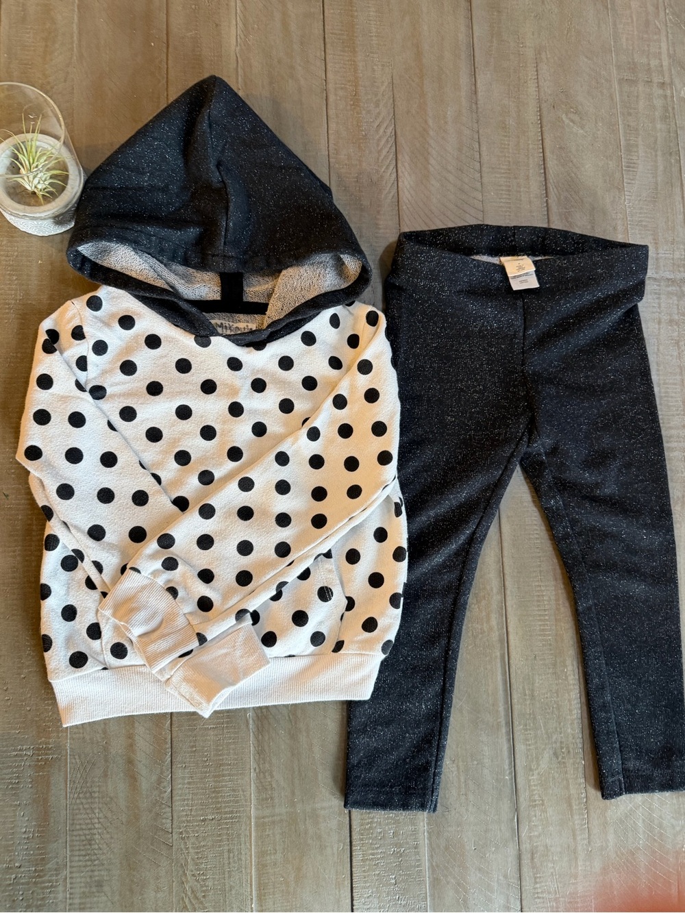 Tucker + Tate Black Polka Dot Hooded Matching Set with Silver Metalic Accents